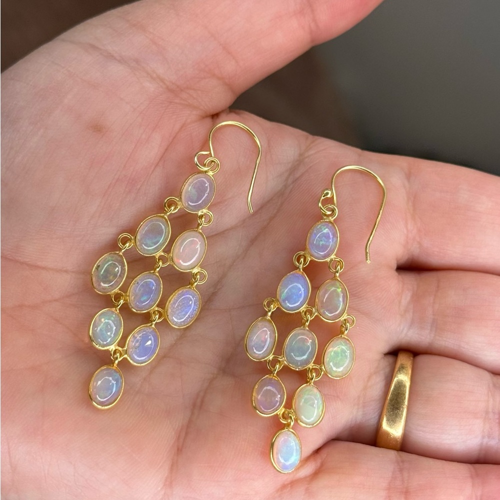 Ethiopian Opal Earrings • 2” Dangle • 925 Silver 18K Gold Plated • Handmade - Picture 7 of 10